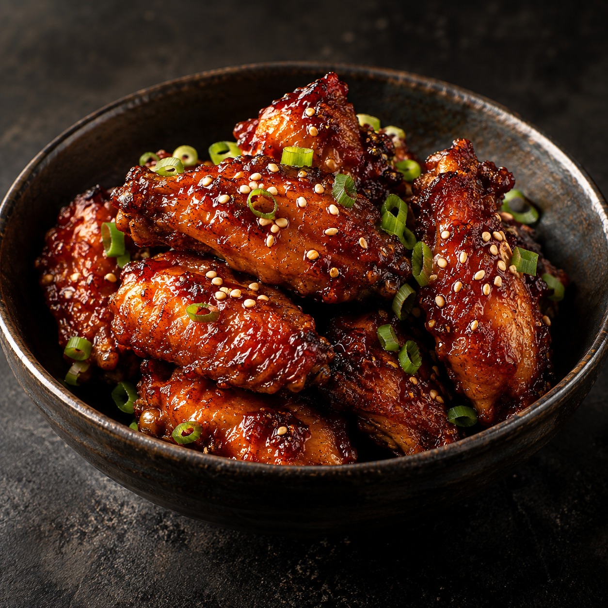 Illustrative food concept: Glossy red sauced wings with sesame and scallions