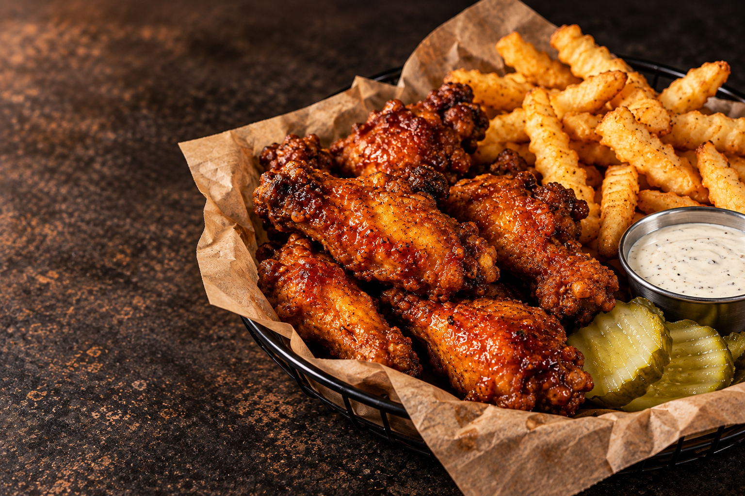 Illustrative close-up of glazed chicken wings with fries, pickles, and dipping sauce