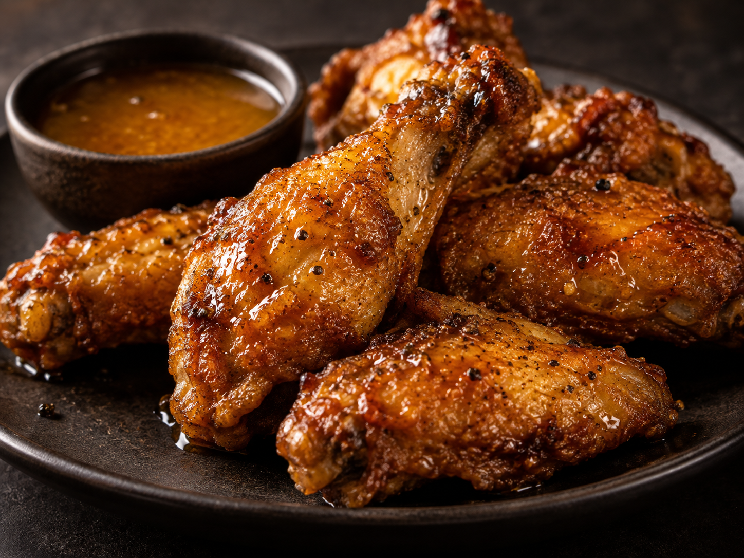 Illustrative food concept: Golden glazed wings beside dipping sauce