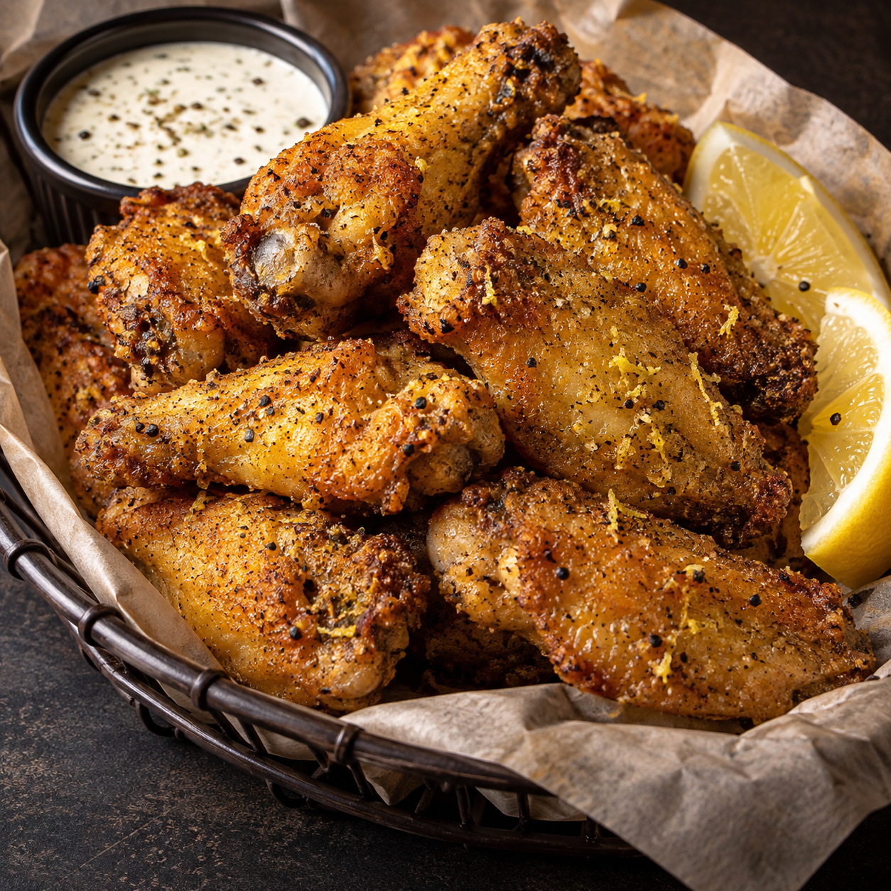 Illustrative food concept: Lemon pepper seasoned wings with lemon and dip