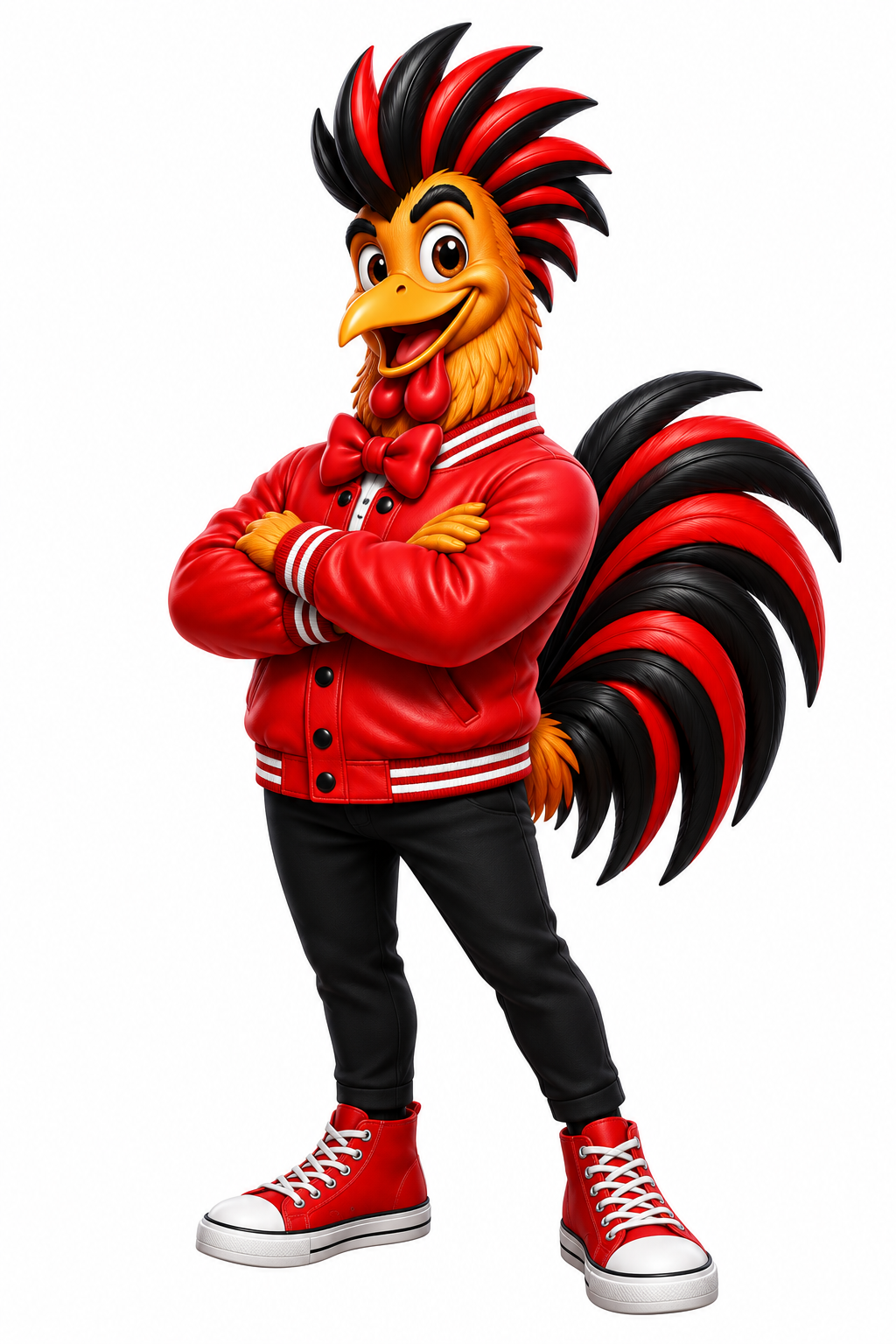 Full-body M2GO rooster mascot with red and black feathers, red jacket, and red high-top shoes