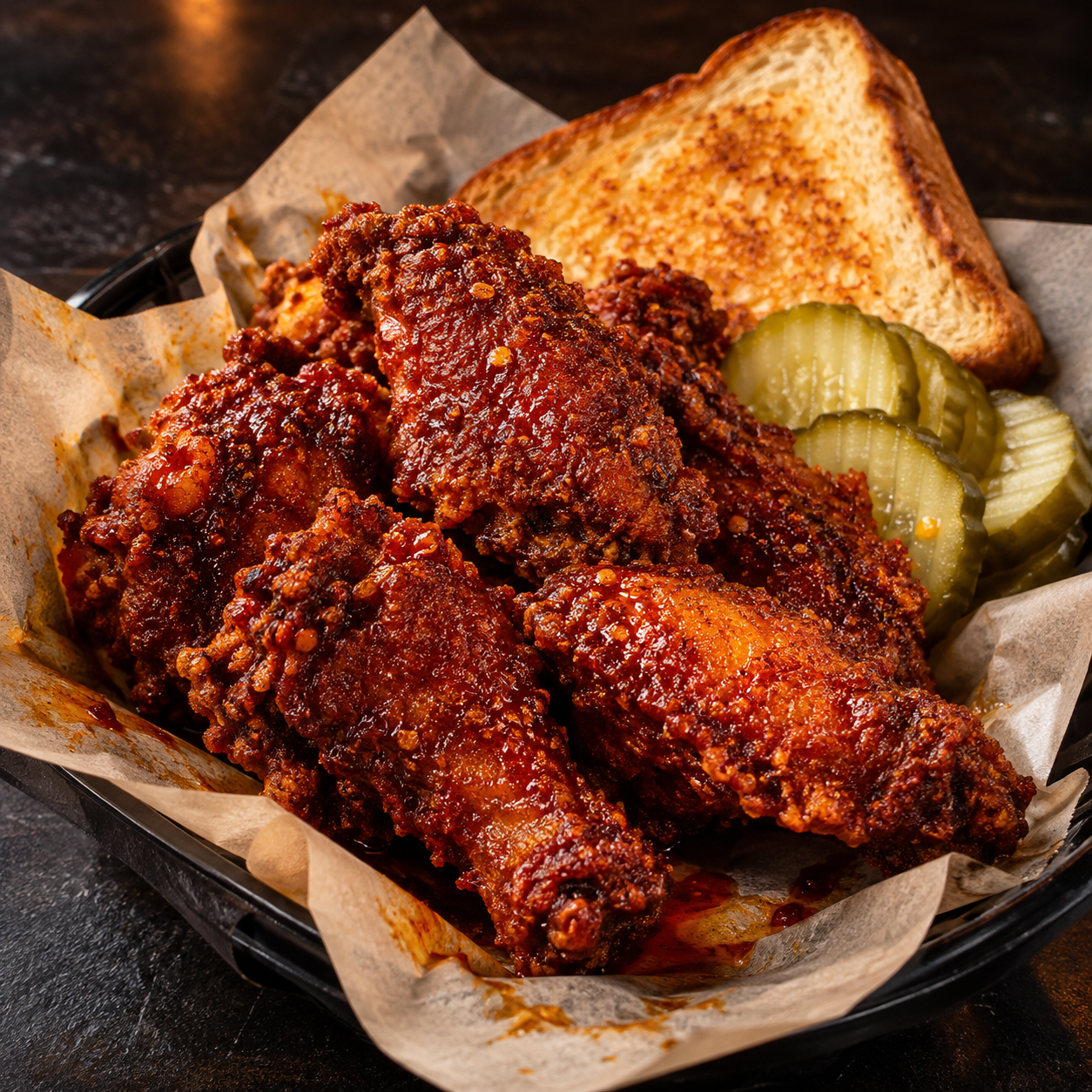 Illustrative food concept: Spicy red wings beside pickles and toast