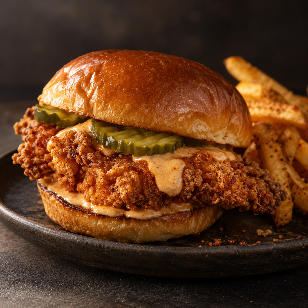 Illustrative food concept: Crispy chicken sandwich with pickles and sauce