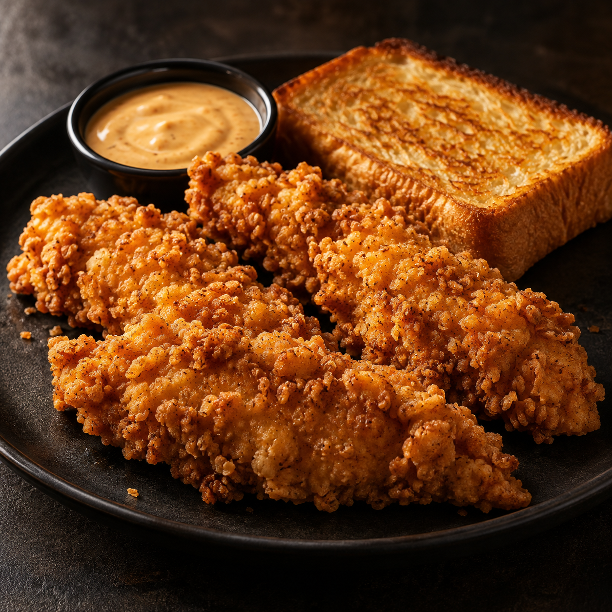 Illustrative food concept: Crispy chicken tenders with toast and dipping sauce